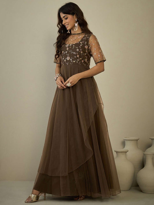 Floral Embroidered A-Line Maxi Ethnic Dresses