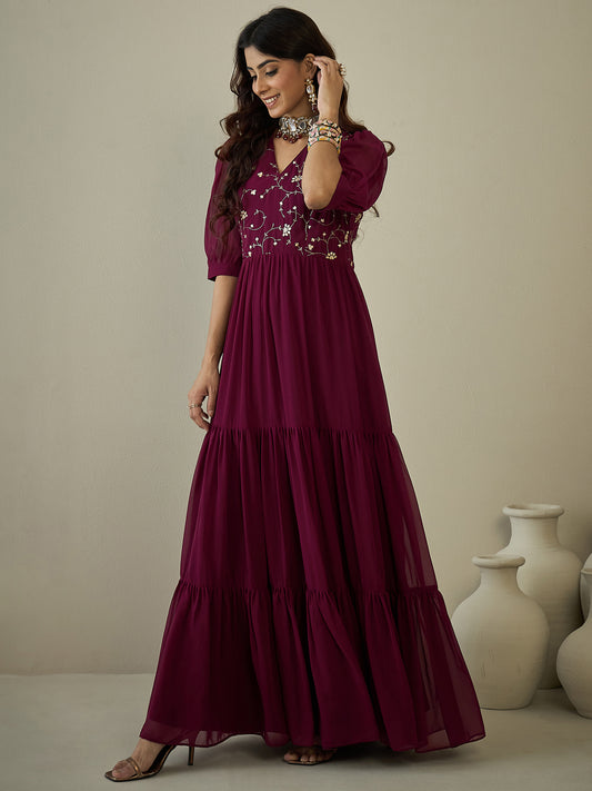 Embroidered Sequinned Tiered Maxi Ethnic Dresses