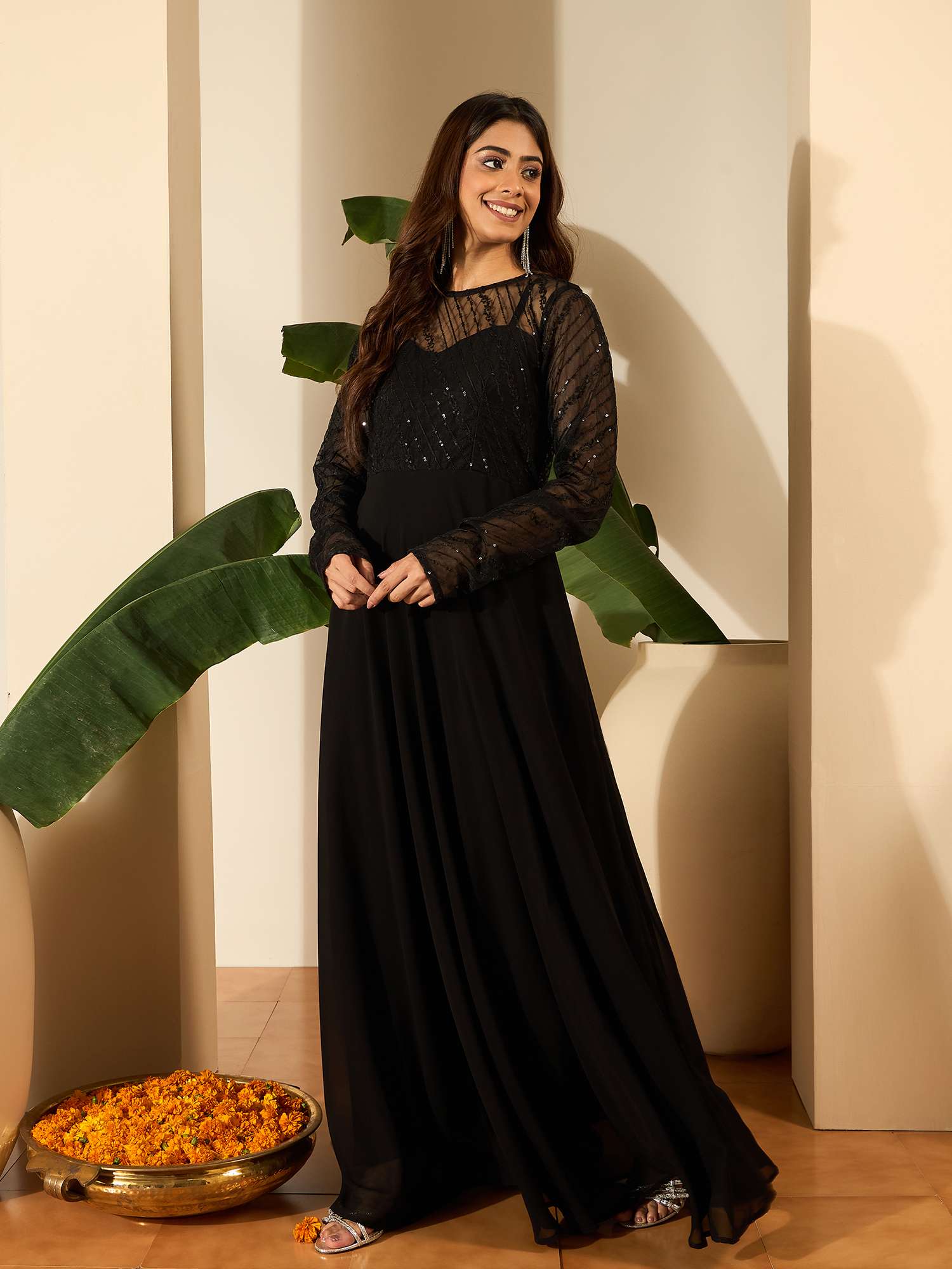 Sequinned Embroidered Georgette Fit & Flare Maxi Ethnic Dress Sequinned Embroidered Georgette Fit & Flare Maxi Ethnic Dress