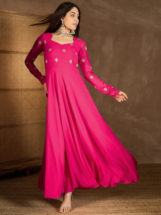 Ethnic Motif Zari Embroidered A-Line Maxi Dress