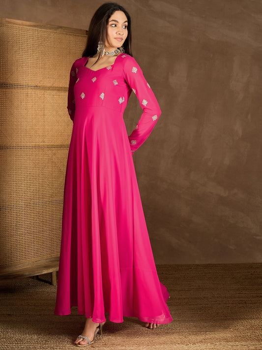 Ethnic Motif Zari Embroidered A-Line Maxi Dress