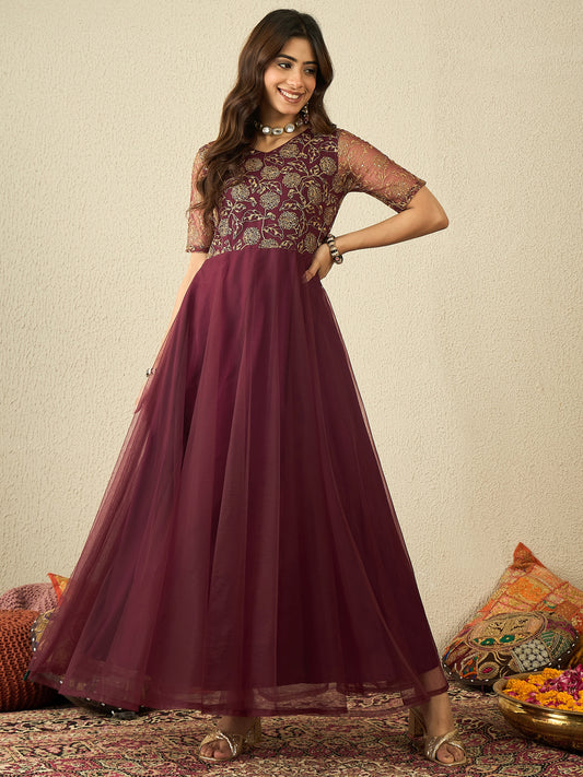 Women Floral Embellished Sequinned Fit & Flared Ethnic Maxi Dress