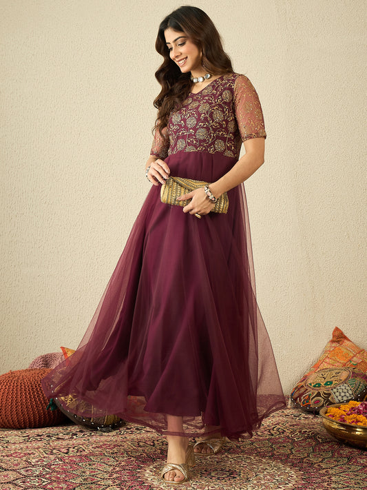 Women Floral Embellished Sequinned Fit & Flared Ethnic Maxi Dress