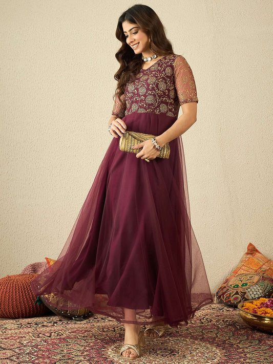 Women Floral Embellished Sequinned Fit & Flared Ethnic Maxi Dress