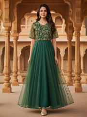 Green Thread & Sequinned Embroidered Gown Ethnic Dress
