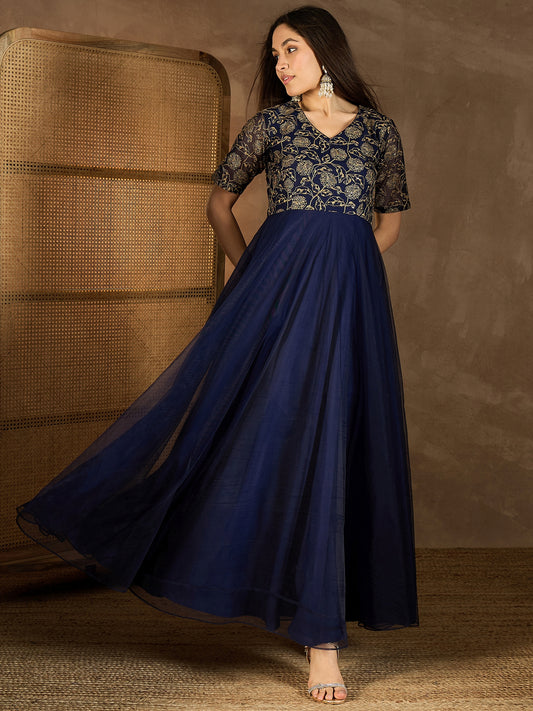 Embroidered V-Neck Gown Maxi Dress