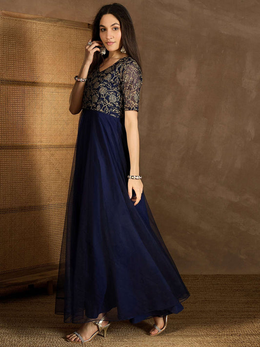 Floral Embroidered Fit & Flared Maxi Dress