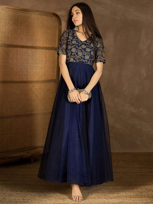 Embroidered V-Neck Gown Maxi Dress