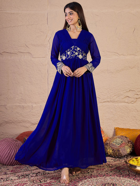 Floral Zari and Sequinned Embroidered Pleated A-Line Ethnic Dress