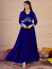 Floral Zari and Sequinned Embroidered Pleated A-Line Ethnic Dress