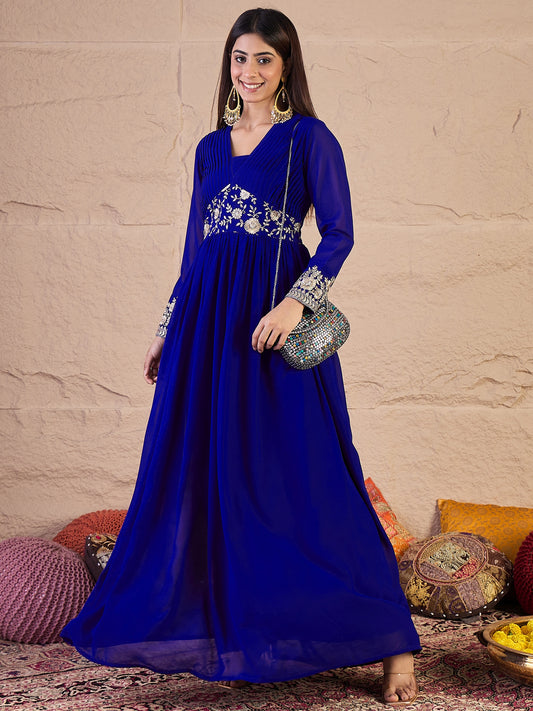 Floral Zari and Sequinned Embroidered Pleated A-Line Ethnic Dress
