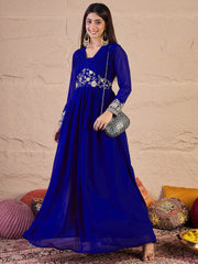 Floral Zari and Sequinned Embroidered Pleated A-Line Ethnic Dress