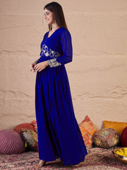 Floral Zari and Sequinned Embroidered Pleated A-Line Ethnic Dress