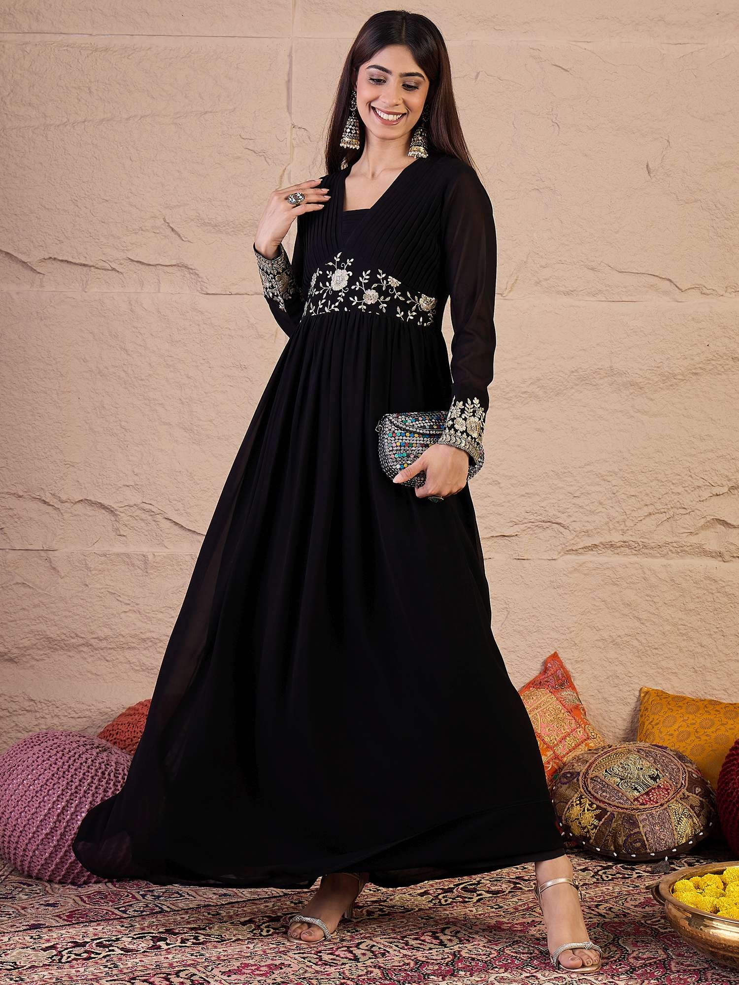 Floral Zari and Sequinned Embroidered Pleated A-Line Ethnic Dress Floral Zari and Sequinned Embroidered Pleated A-Line Ethnic Dress