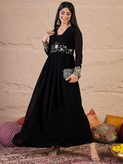 Floral Zari and Sequinned Embroidered Pleated A-Line Ethnic Dress