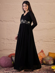 Floral Zari and Sequinned Embroidered Pleated A-Line Ethnic Dress