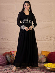 Floral Zari and Sequinned Embroidered Pleated A-Line Ethnic Dress