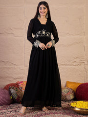 Floral Zari and Sequinned Embroidered Pleated A-Line Ethnic Dress