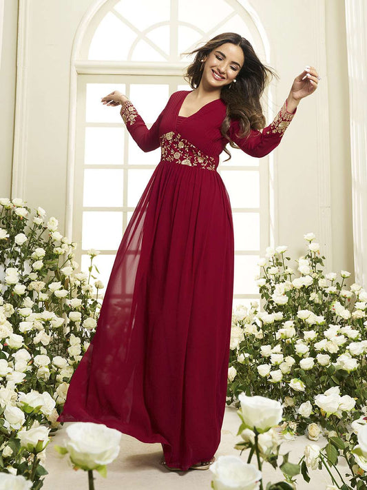 Floral Zari and Sequinned Embroidered Pleated A-Line Ethnic Dress