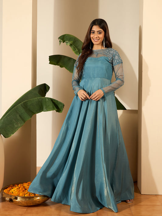 Floral Embroidered Thread Work A-Line Silk Maxi Ethnic Dress