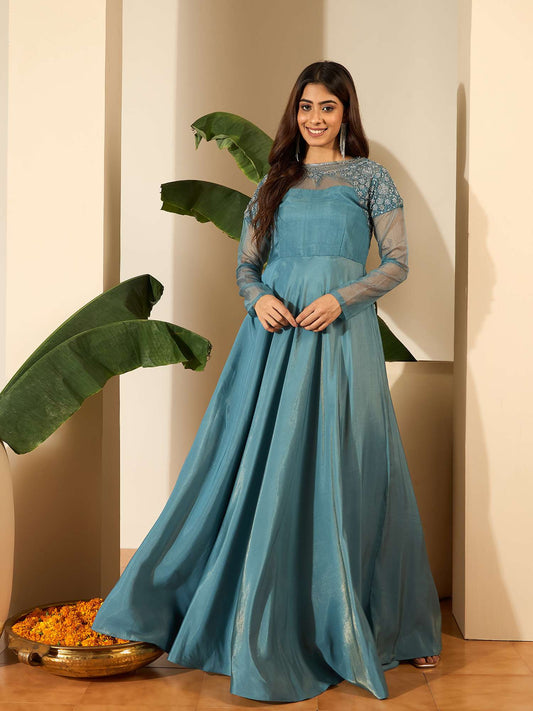 Floral Embroidered Thread Work A-Line Silk Maxi Ethnic Dress