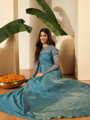 Floral Embroidered Thread Work A-Line Silk Maxi Ethnic Dress