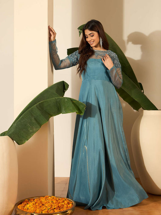 Floral Embroidered Thread Work A-Line Silk Maxi Ethnic Dress