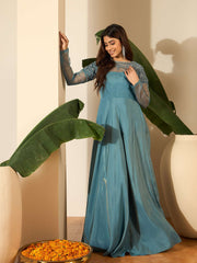 Floral Embroidered Thread Work A-Line Silk Maxi Ethnic Dress