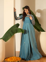 Floral Embroidered Thread Work A-Line Silk Maxi Ethnic Dress