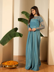 Floral Embroidered Thread Work A-Line Silk Maxi Ethnic Dress