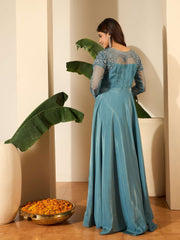 Floral Embroidered Thread Work A-Line Silk Maxi Ethnic Dress
