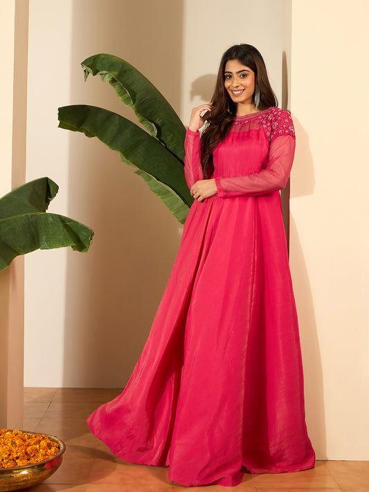 Floral Embroidered Thread Work A-Line Silk Maxi Ethnic Dress