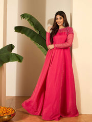 Floral Embroidered Thread Work A-Line Silk Maxi Ethnic Dress