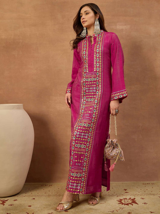 Embroidered Mandarin Collar Maxi Ethnic Dresses