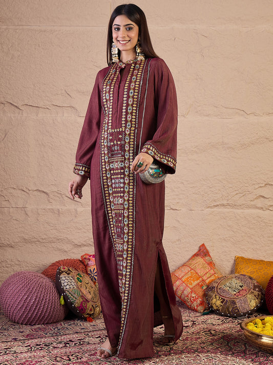 Floral Embroidered Sequinned A-Line Silk Maxi Ethnic Dress