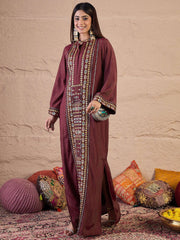 Floral Embroidered Sequinned A-Line Silk Maxi Ethnic Dress