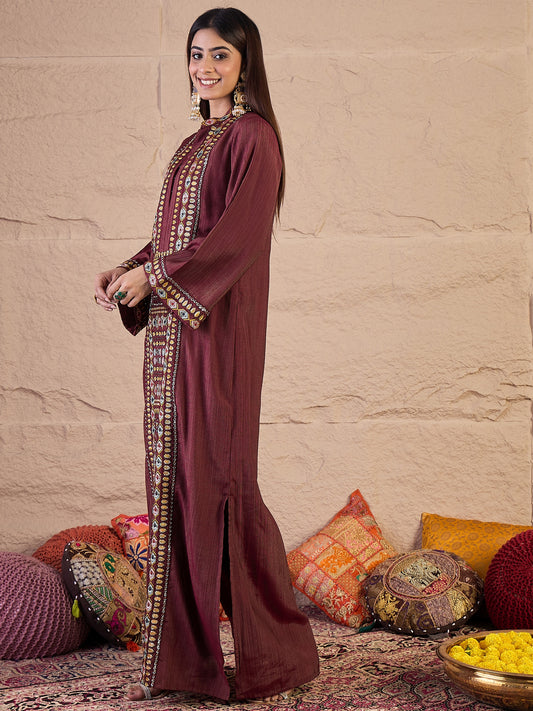 Floral Embroidered Sequinned A-Line Silk Maxi Ethnic Dress