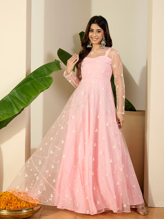 Floral Embroidered A-Line Maxi Ethnic Dress