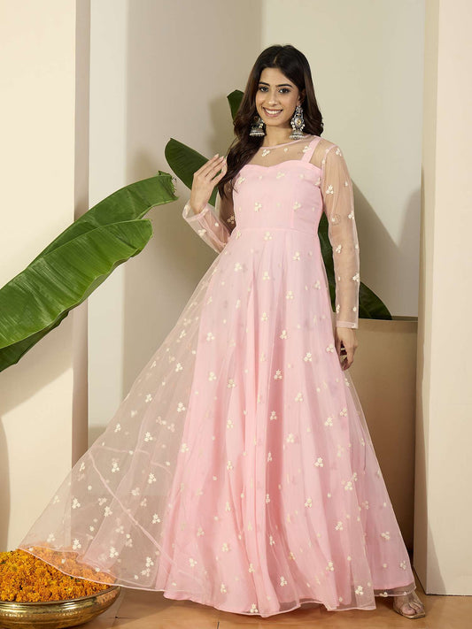Floral Embroidered A-Line Maxi Ethnic Dress