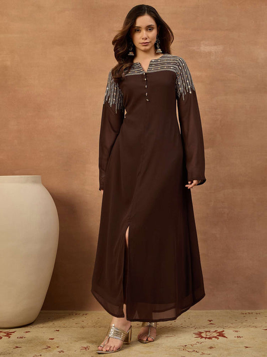 Embroidered Mandarin Collar Maxi Ethnic Dresses