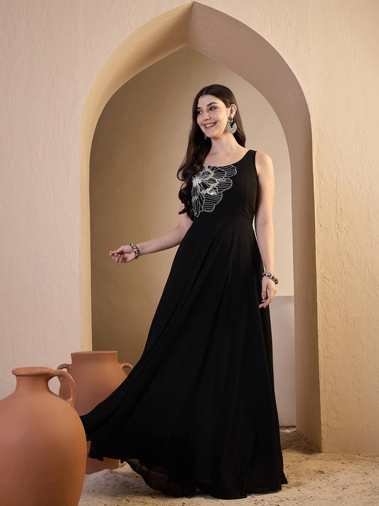 Embroidered Round Neck Gown Maxi Dresses