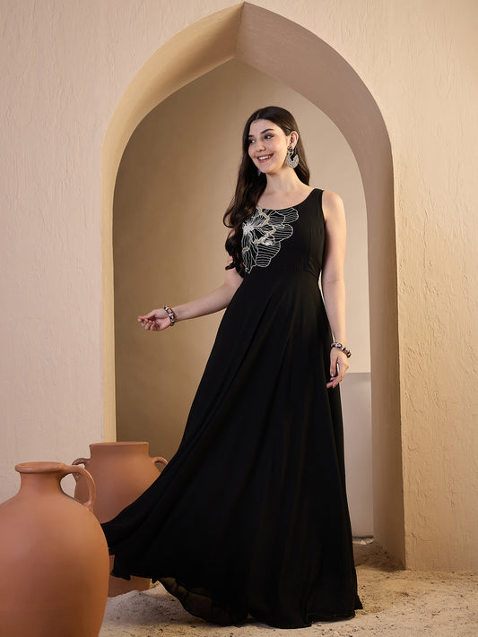 Embroidered Round Neck Gown Maxi Dresses