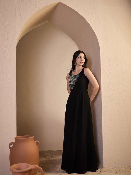 Embroidered Round Neck Gown Maxi Dresses