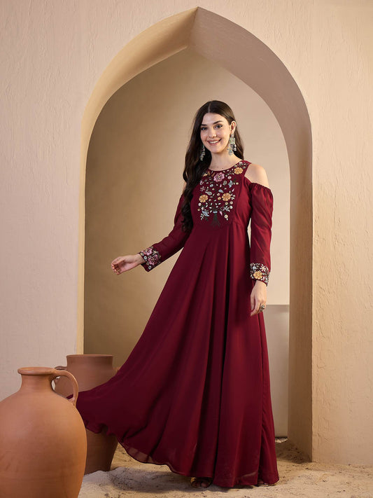 Maroon Embroidered Ethnic Dress
