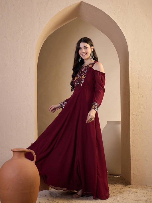 Maroon Embroidered Ethnic Dress