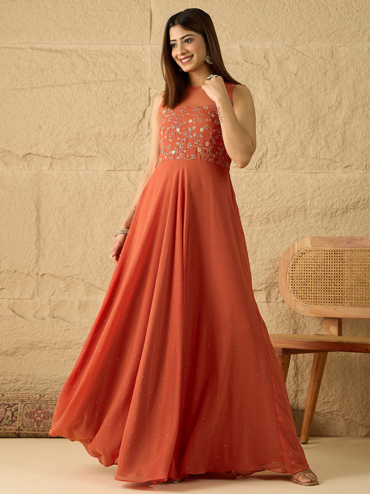 Embroidered Round Neck Gown Ethnic Dresses