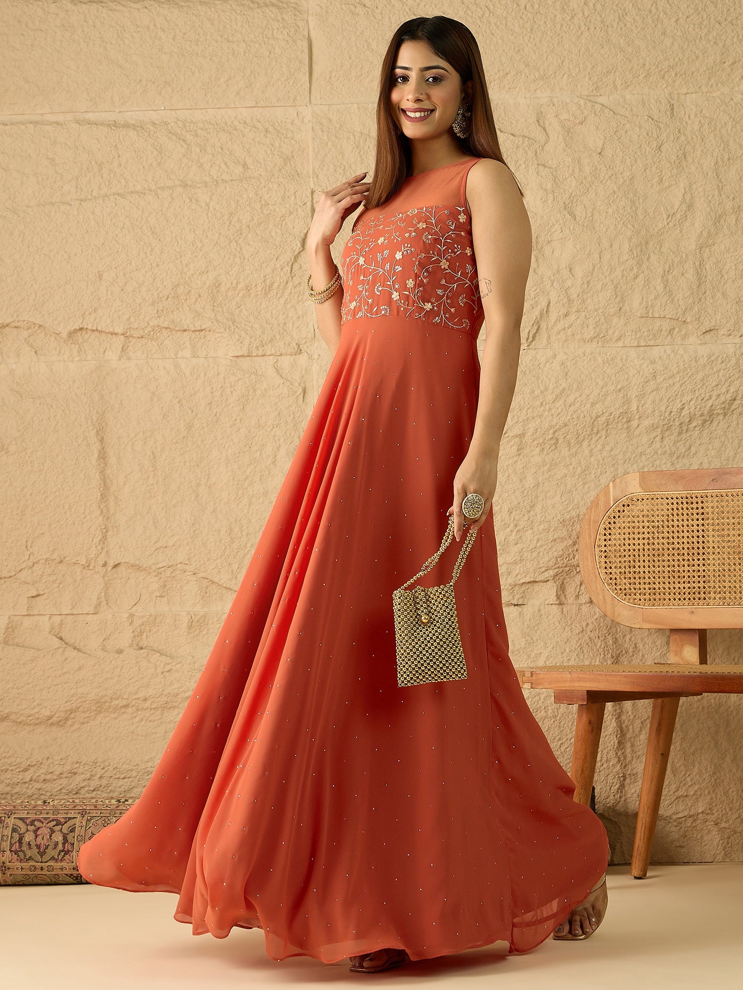 Embroidered Round Neck Gown Ethnic Dresses