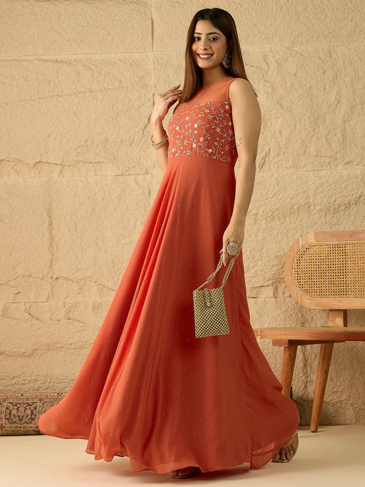 Embroidered Round Neck Gown Ethnic Dresses