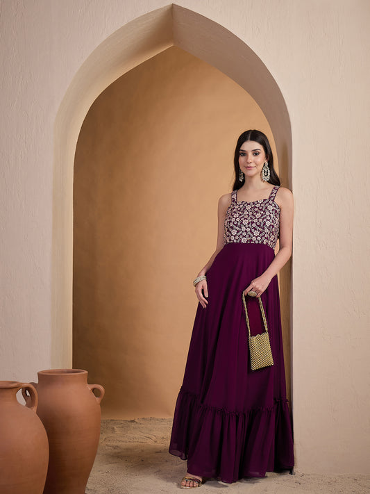 Women Floral Zari and Sequinned Embroidered Ethnic Dress