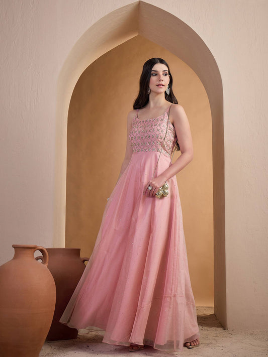 Women Ethnic Motifs Zari and Mukaish Embroidered Ethnic Dress